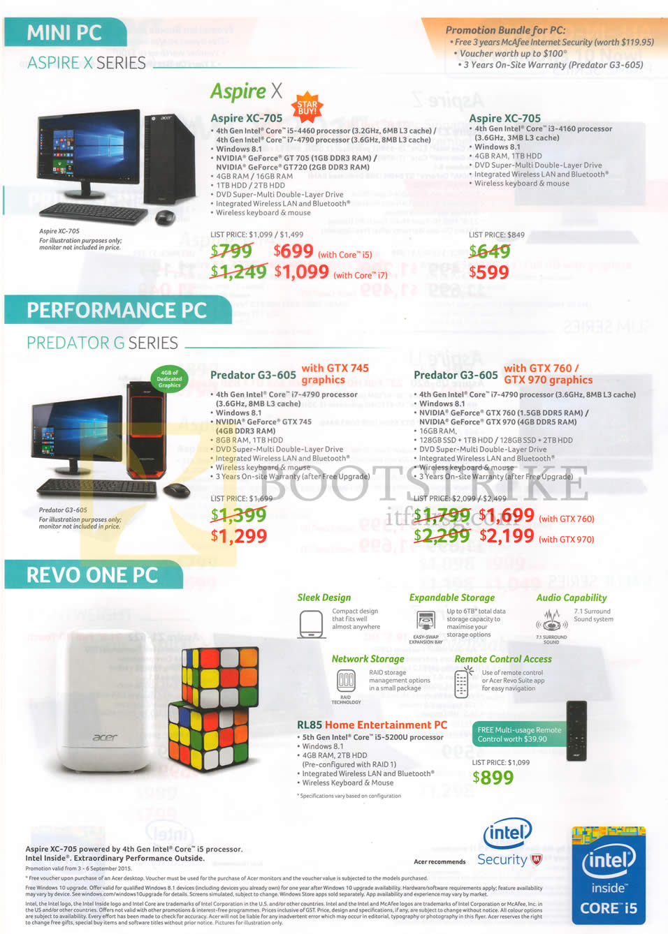 COMEX 2015 price list image brochure of Acer Desktop PCs Aspire XC-705, Predator G3-605, Revo One RL85