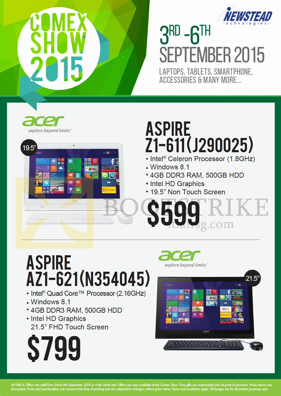 COMEX 2015 price list image brochure of Acer Newstead AIO Desktop PC Z1-611-J290025, Aspire AZ1-621 N354045