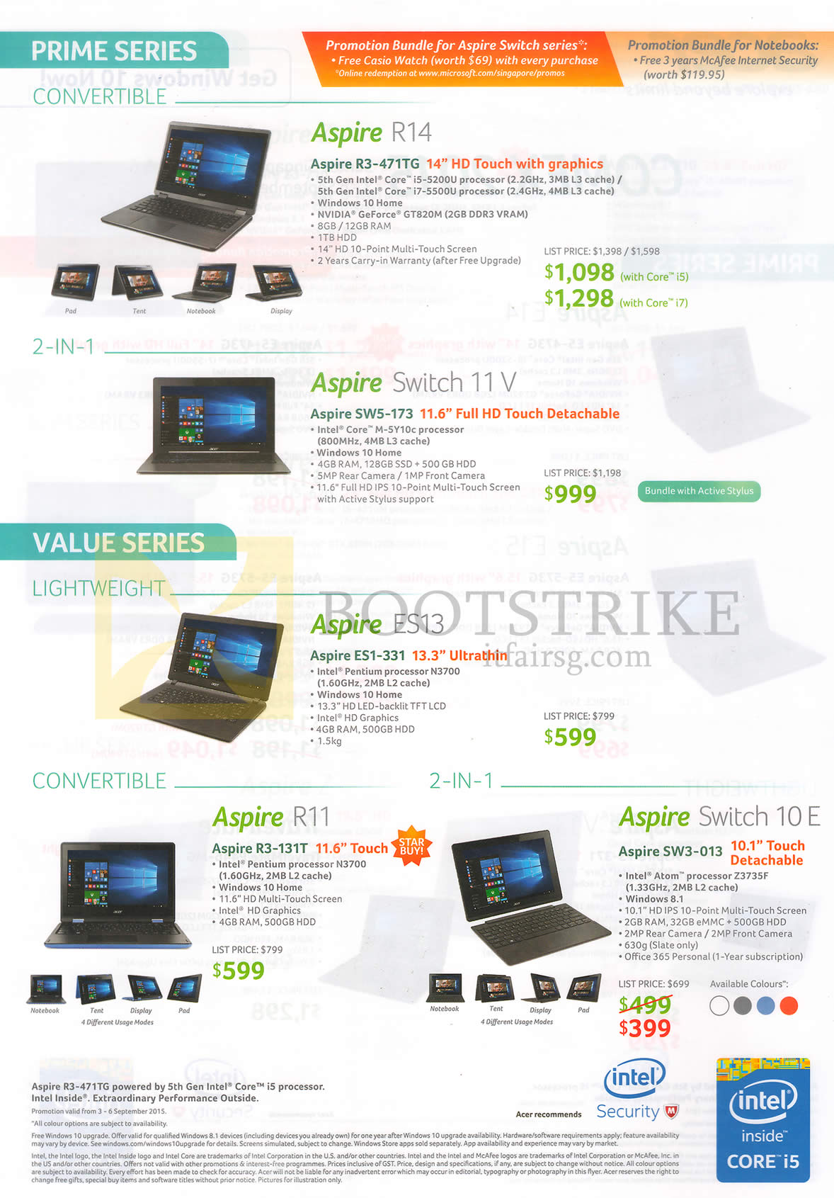 COMEX 2015 price list image brochure of Acer Notebooks Aspire R14 R3-471TG, SW5-173 11V, ES1-331 ES13, R11 R3-131T, Switch SW3-013 10E