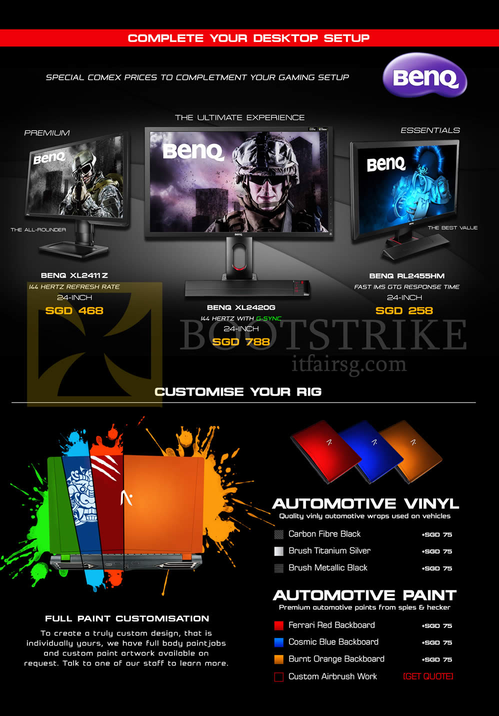 COMEX 2015 price list image brochure of Aftershock Benq Monitors XL2411Z, XL2420G, RL2455HM, Automotive Vinyl, Paint