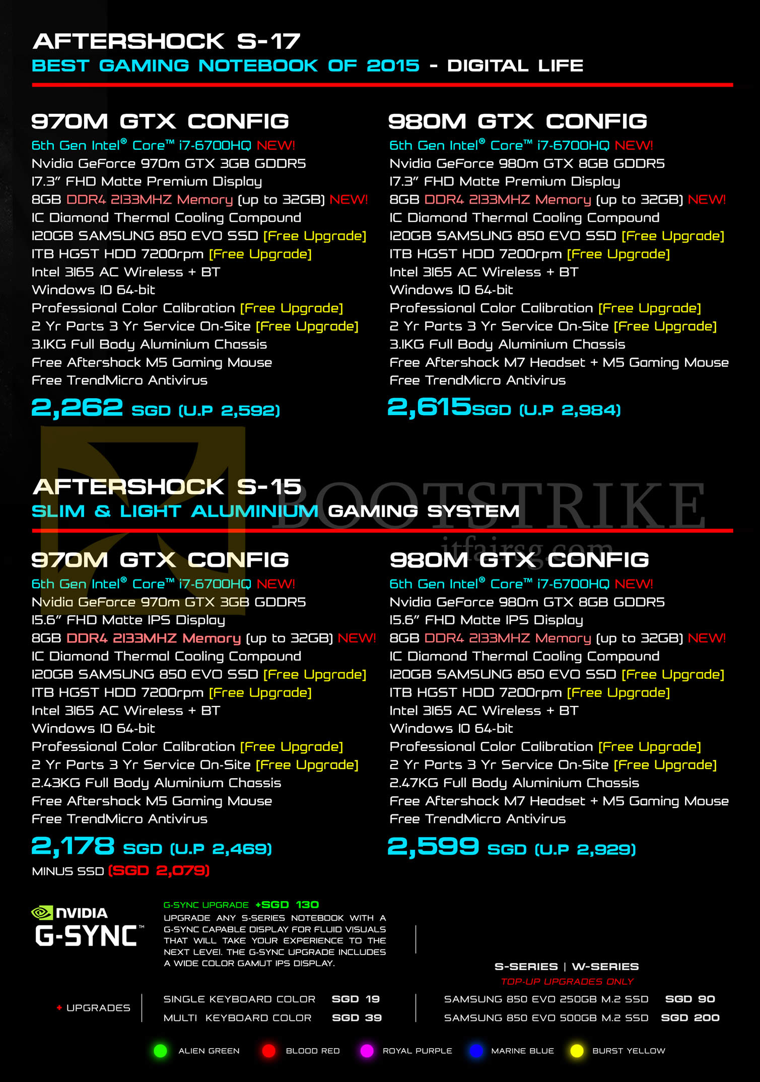COMEX 2015 price list image brochure of Aftershock Notebooks S-15, S-17, 970M GTX CONFIG, 980M GTX CONFIG