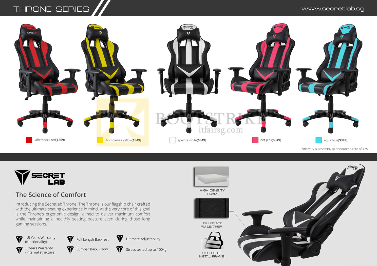 COMEX 2015 price list image brochure of Aftershock Secret Lab Gaming Seats Red, Bumblebee Yellow, Spectre White, Hot Pink, Aqua Blue