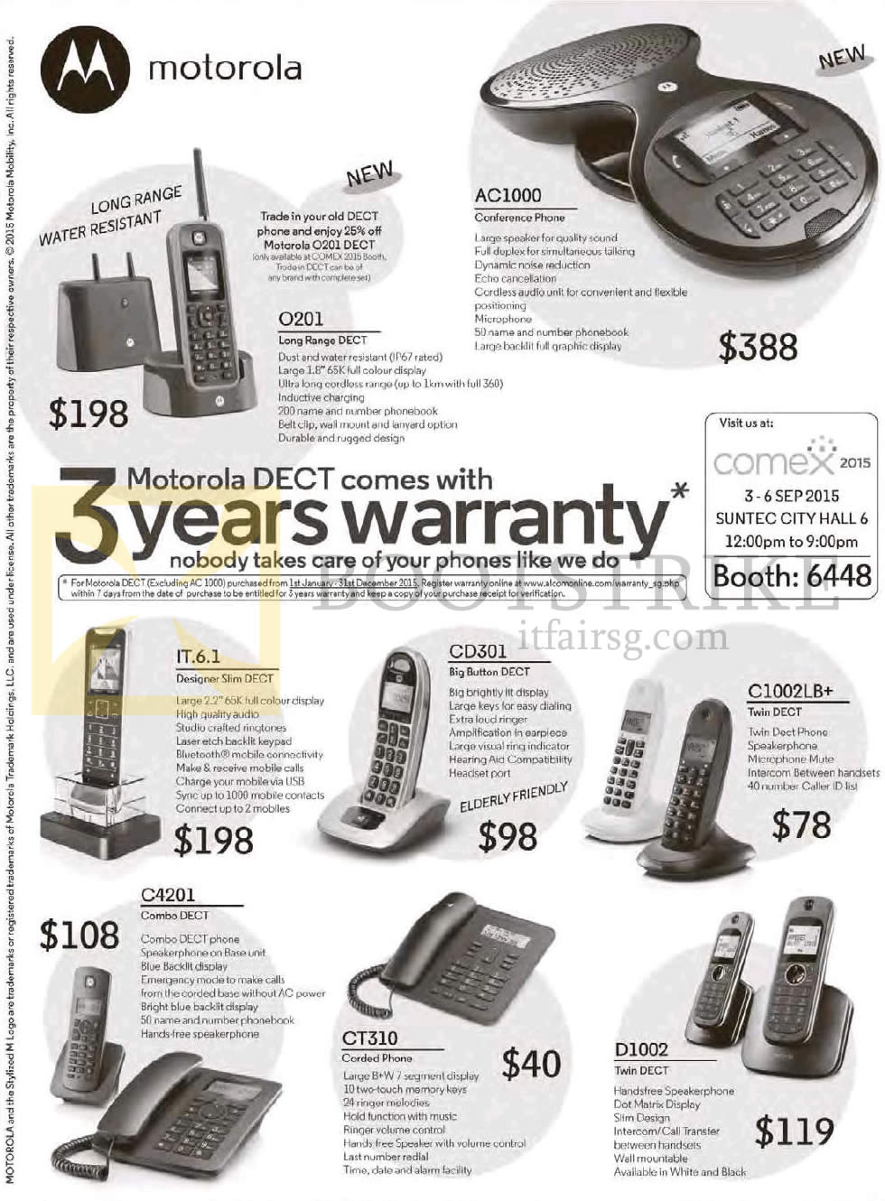 COMEX 2015 price list image brochure of Alcom Motorola Phones O201, AC1000, IT.6.1, CD301, C1002LB Plus, C4201, CT310, D1002