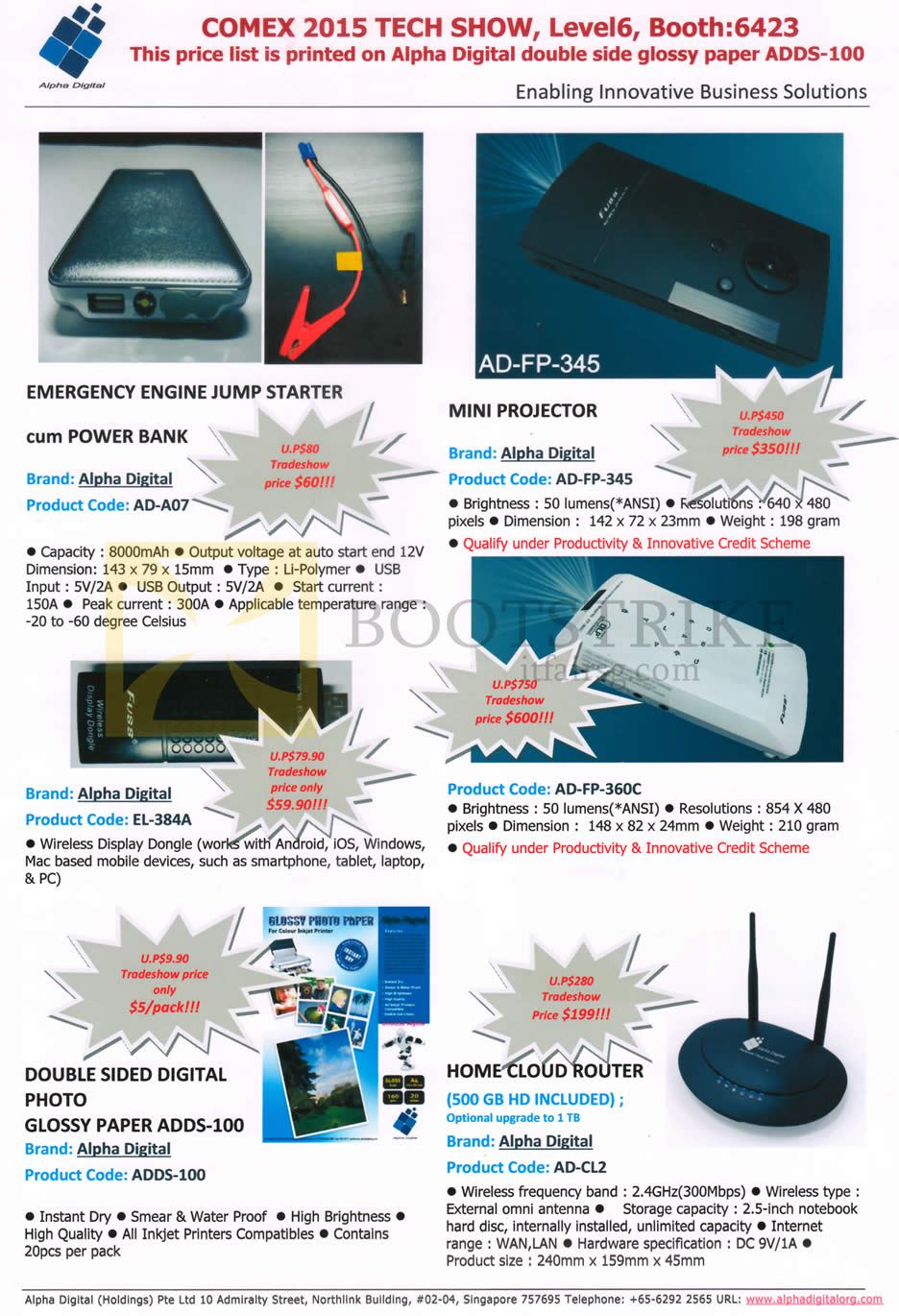 COMEX 2015 price list image brochure of Alpha Digital Emergency Engine AD-A07, EL-384A Jump Starter, AD-FP-345, AD-FP-360C Projector, ADDS-100 Paper, AD-CL2 Router