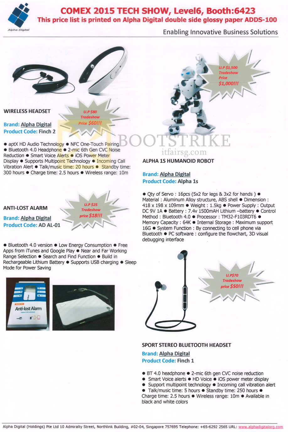 COMEX 2015 price list image brochure of Alpha Digital Wireless Headset Finch 2, Alpha 15 Humanoid Robot Alpha 1s, Anti-lost Alarm AD AL-01, Sport Stereo Bluetooth Headset Finch 1