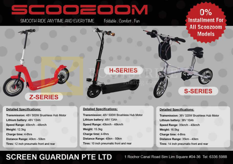 COMEX 2015 price list image brochure of Amconics Scoozoom Electric Scooter Z, H, S Series, Screen Guardian