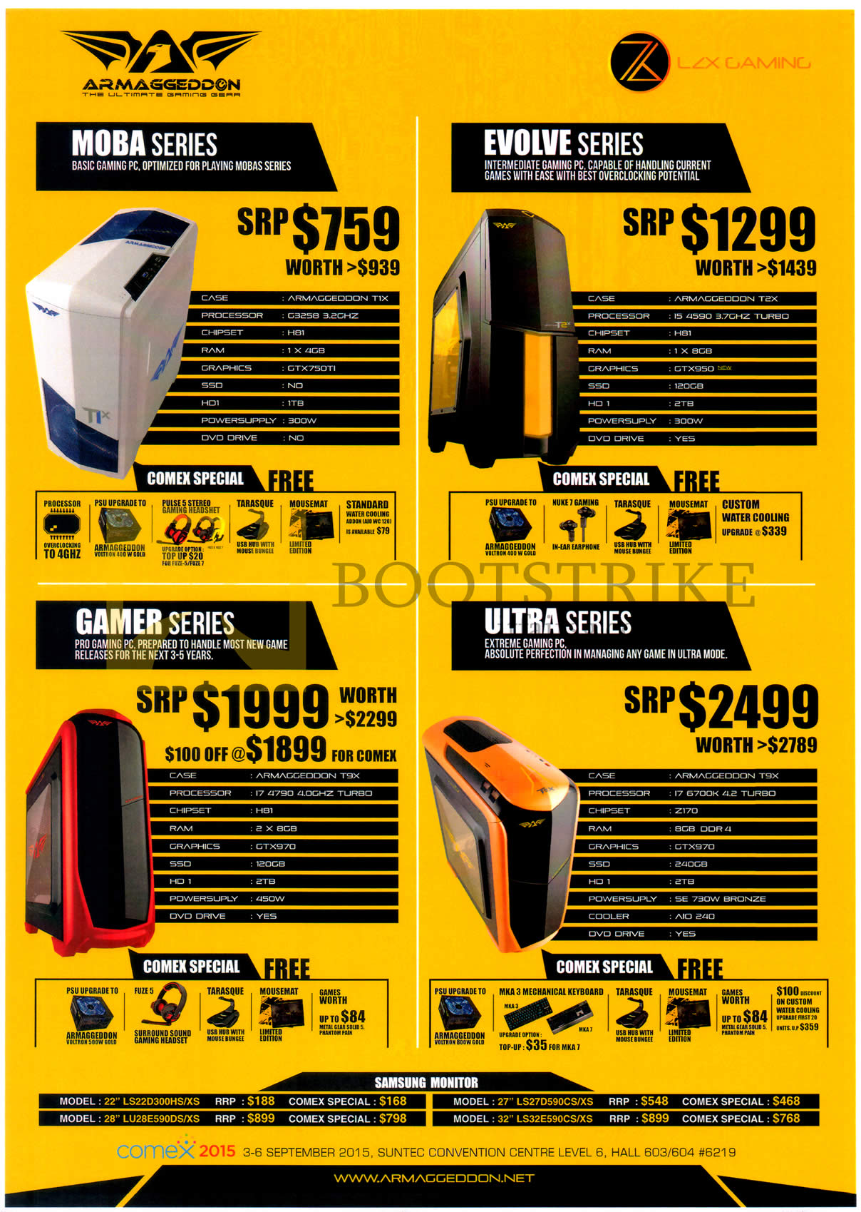COMEX 2015 price list image brochure of Armageddon Desktop PCs Moba, Evolve, Gamer, Ultra Series, Samsung Monitor