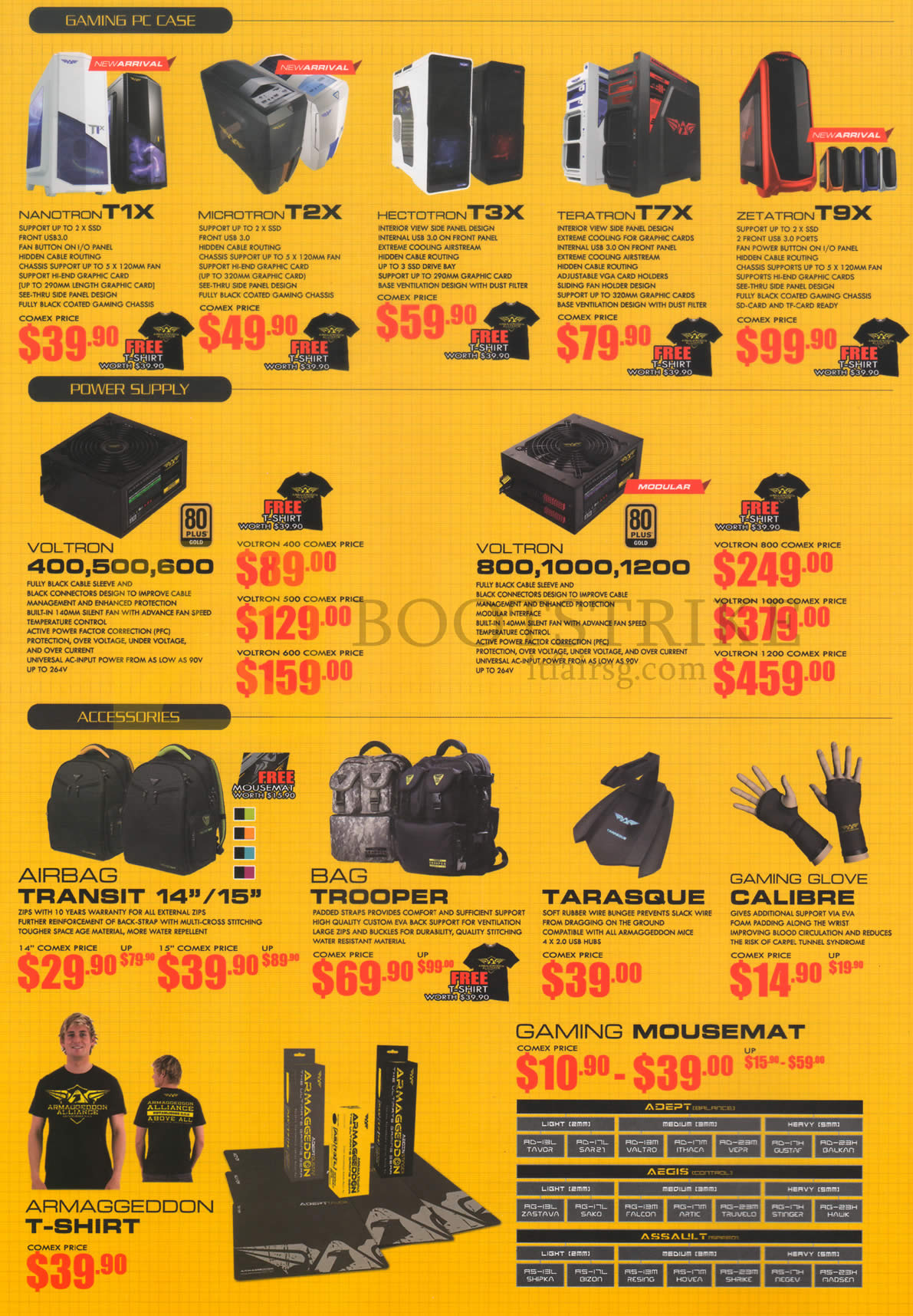 COMEX 2015 price list image brochure of Armageddon Desktop PCs, Power Supplies, Accessories, Nanotron T1X, Microtron T2X, Hectotron T3X, TeraTron T7X, ZetaTron T9X, Voltron 400, 500, 600, 800, 1000, 1200