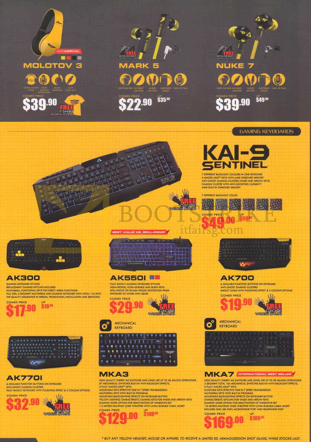 COMEX 2015 price list image brochure of Armaggeddon Gaming Headsets Molotov 3, Earphones Mark 5, Nuke 7, Gaming Keyboards KAI-9 Sentinel, AK300, AK550I, AK700, AK770I, MKA3, MKA7