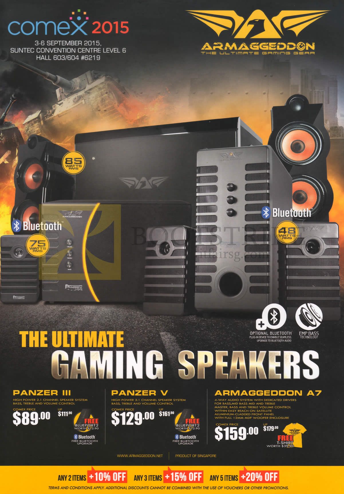 COMEX 2015 price list image brochure of Armaggeddon Gaming Speakers Panzer III, Panzer V, Armaggeddon A7