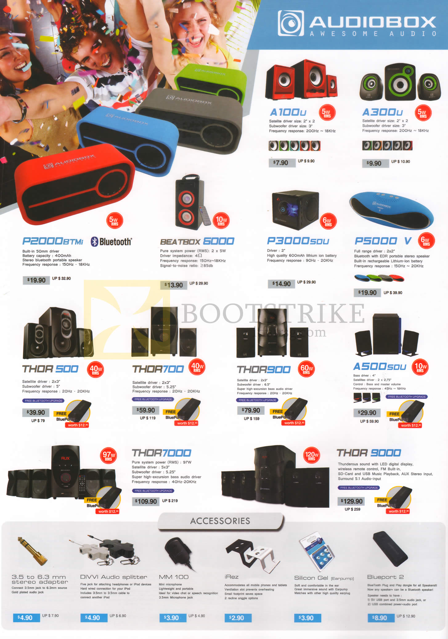 COMEX 2015 price list image brochure of Audiobox Speakers, Accessories, A100u, A300u, P2000BTMi, Beatbox 6000, P3000SDU, P5000V, Thor 500, 700, 900, 7000, 9000, A500 SDU, MM100, IRez, Silicon Gel, Blueport 2