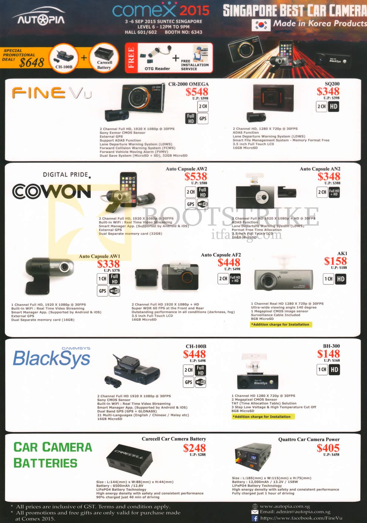 COMEX 2015 price list image brochure of Autopia Car Cameras FineVu CR-2000 Omega, SQ200, Cowon Auto Capsule AW2, AN2, AW1, AF2, AK1, BlackSys Ch-100B, BH-300, Car Camera Batteries Carecell, Quattro