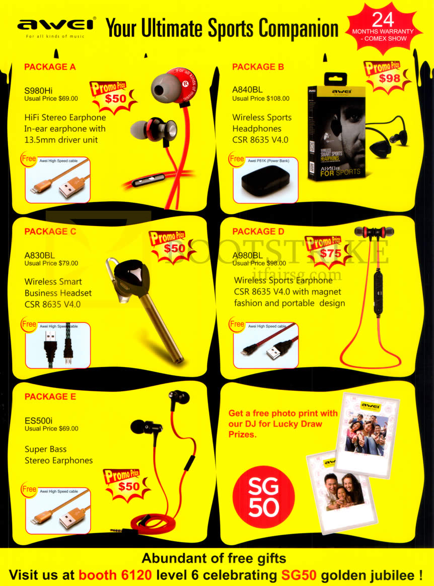 COMEX 2015 price list image brochure of Awei Sports Earphones, Headphones, Bluetooth Headset, S980Hi, A840BL, A830BL, A980BL, ES500i