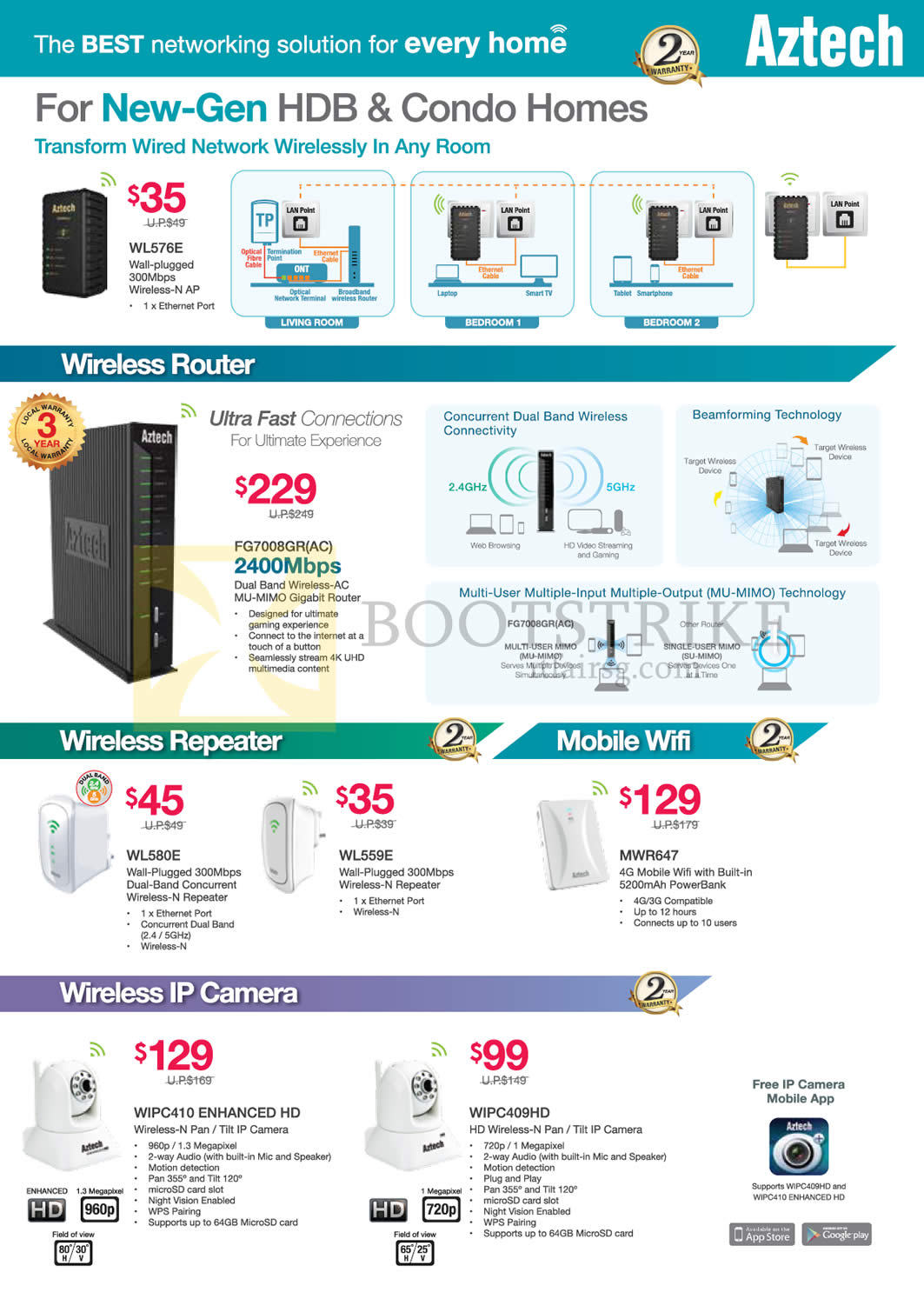 COMEX 2015 price list image brochure of Aztech Networking Router, Repeater, Mobile Wifi, IPCam, WL576E Wireless-N AP, FG7008GR, WL580E, WL559E, MWR647, WIPC410, WIPC409HD