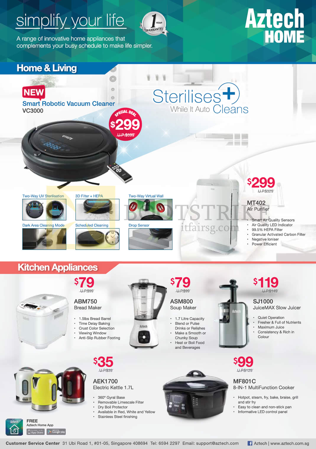 COMEX 2015 price list image brochure of Aztech Vacuum Cleaner VC3000, MT402 Air Purifier, ABM750 Bread Maker, ASM800 Soup Maker, SJ1000 JuiceMAX Slow Juicer, MF801C 8-IN-1 Cooker, AEK1700 Electric Kettle