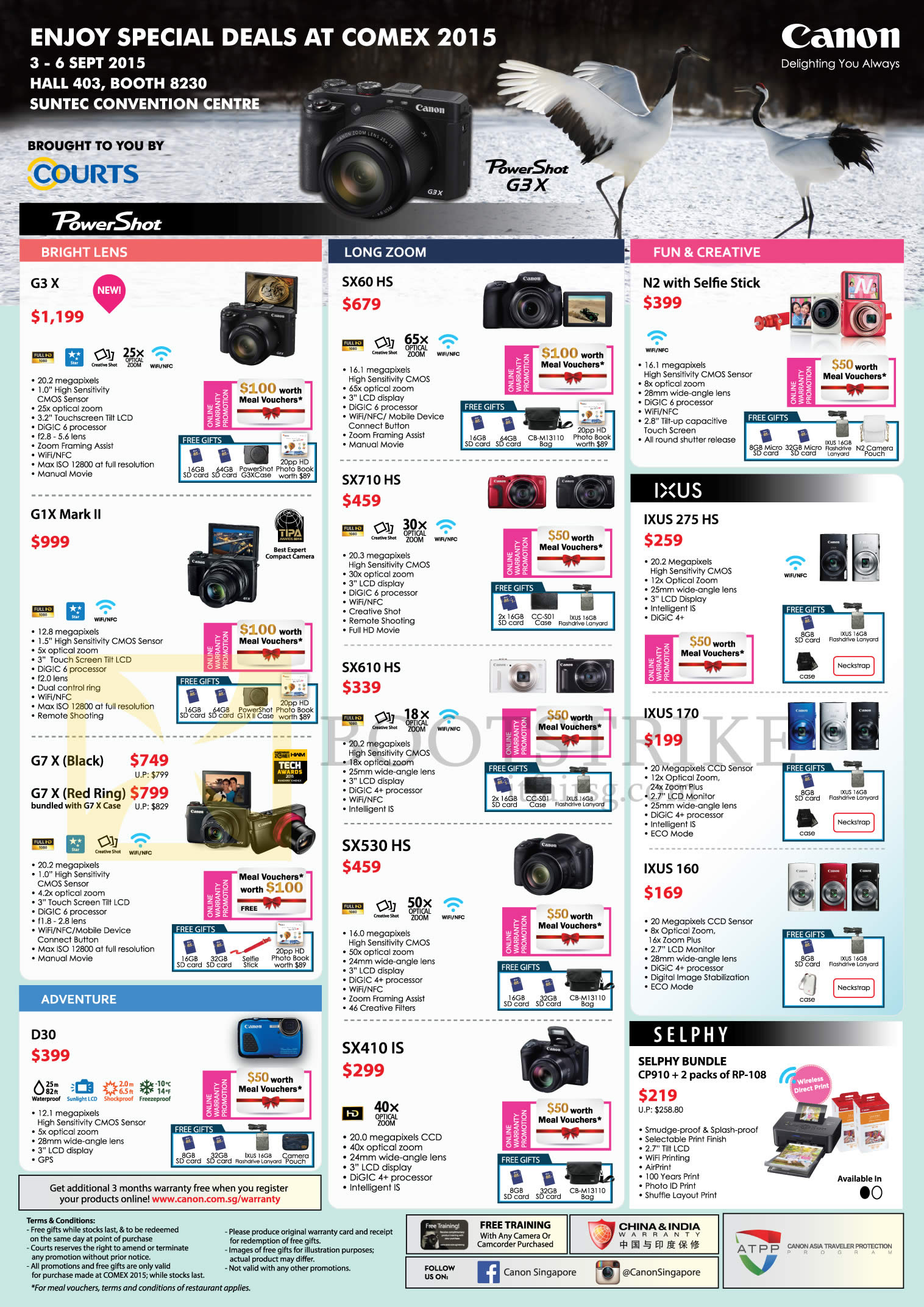 COMEX 2015 price list image brochure of Canon Digital Cameras Photo Printer, G3X, G1X Mark II, G7X, SX60 HS, SX710HS, SX610HS, SX530HS, SX410IS, D30, N2, Ixus 275 HS, 170, 160, Selphy CP910