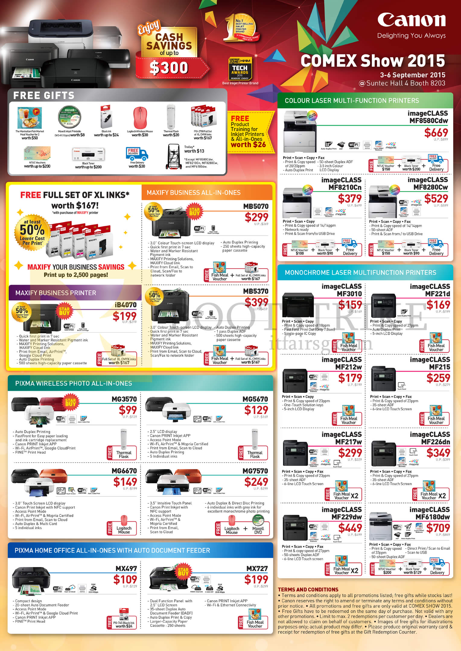 COMEX 2015 price list image brochure of Canon Printers IB4070, MB5070, 5370, MG3570, 5670, MX497, 727, ImageCLASS MF8580Cdw, MF8210Cn, MF8280Cw, MF3010, MF221d, MF212w, MF229dw, MF6180dw
