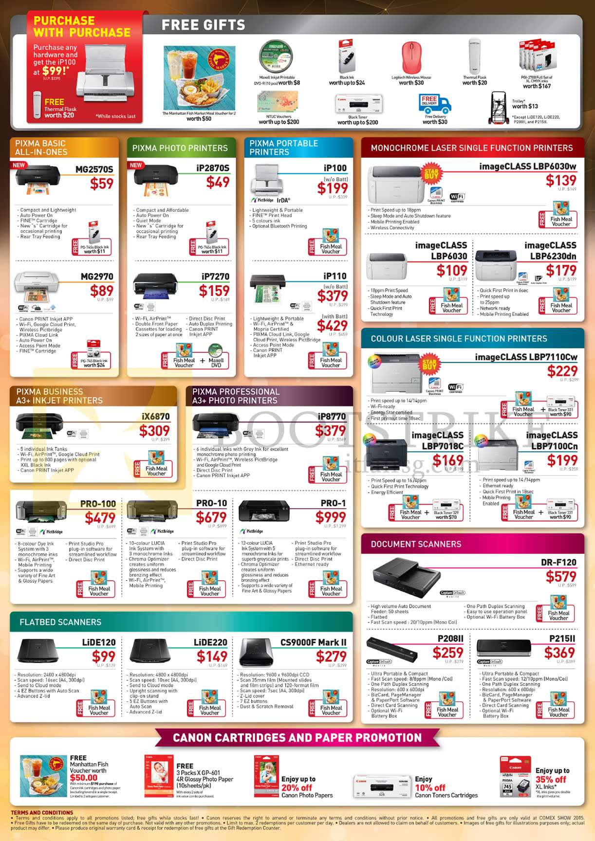 COMEX 2015 price list image brochure of Canon Printers, Scanners, MG2570S, 2970, IP2870S, X6870, IP8770, PRO-100, 10, 1, LiDE 120 220, CS9000F Mark II, DR-F120, P208II, P215II, ImageCLASS LBP6030W, 6030, 7018c, 7100Cn