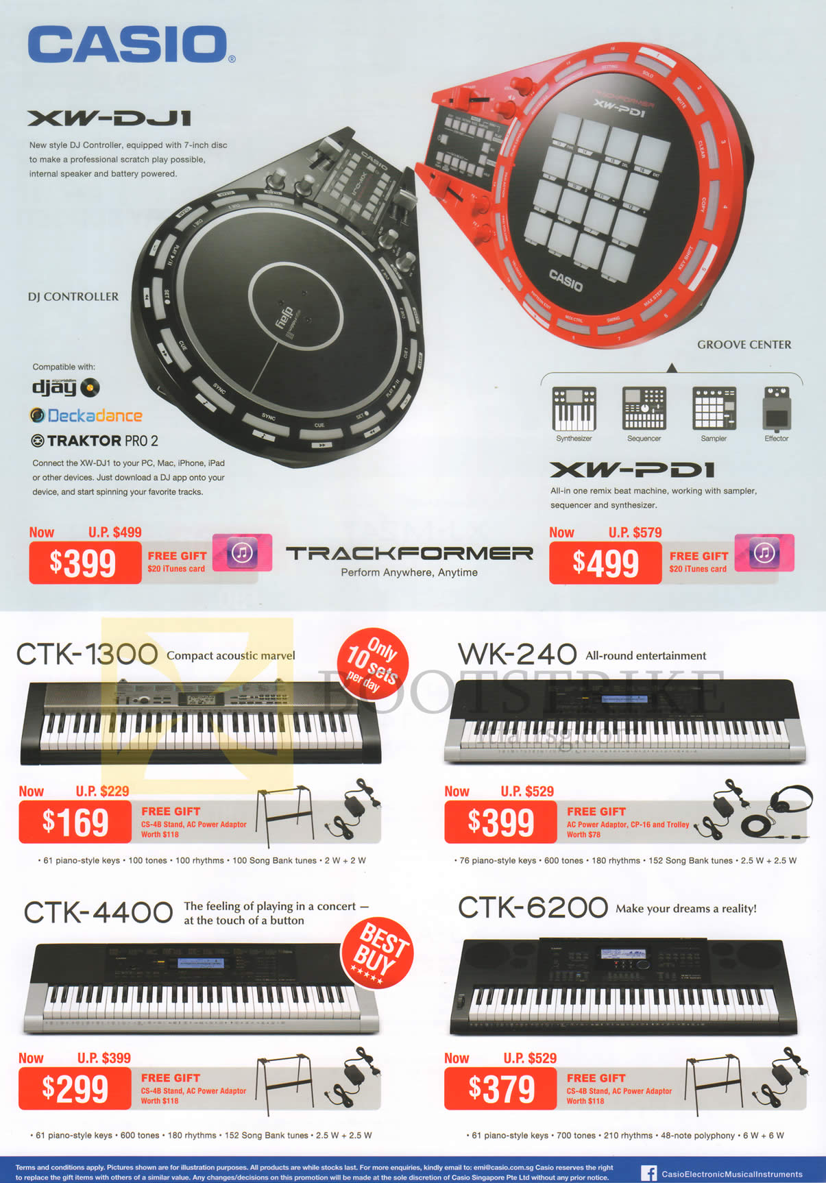 COMEX 2015 price list image brochure of Casio DJ Controllers XW-DJI, XW-PDI, Electric Music Keyboards CTK-1300, WK-240, CTK-4400, CTK-6200