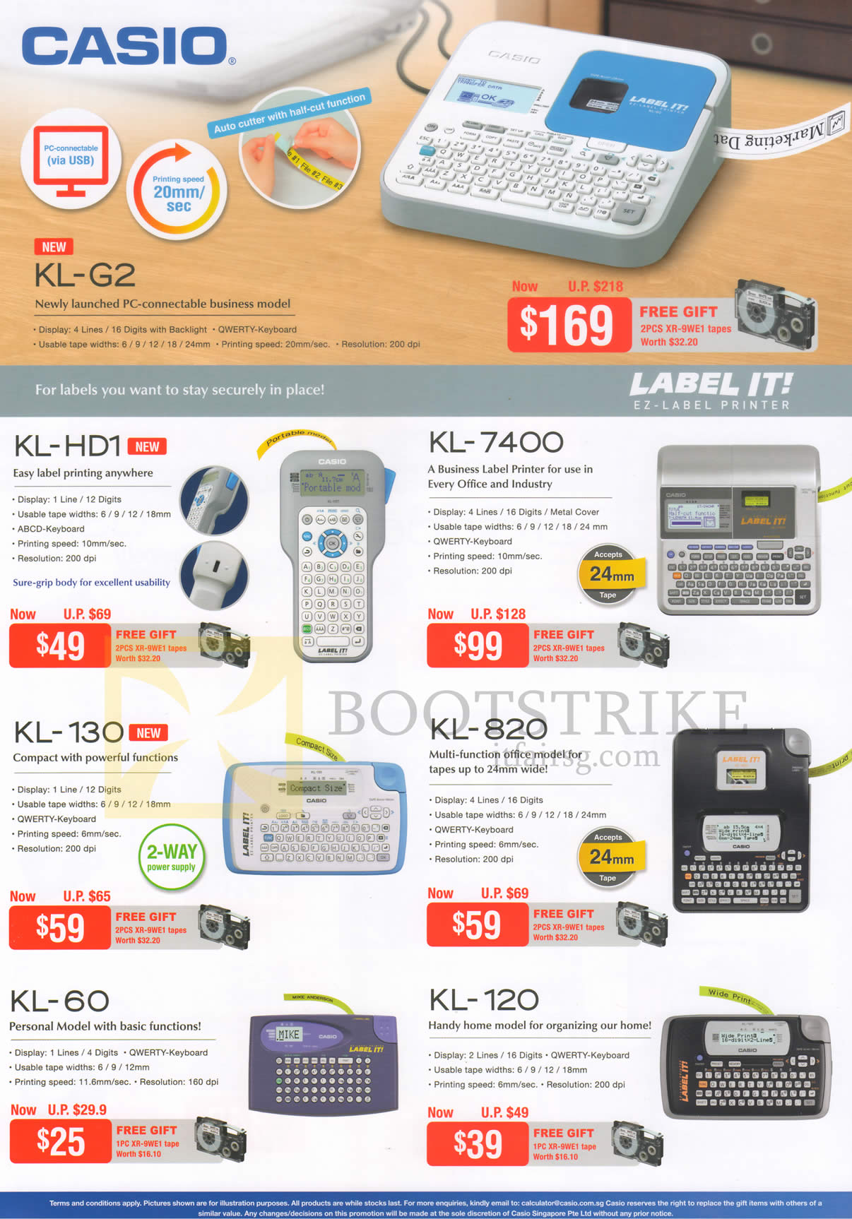 COMEX 2015 price list image brochure of Casio Label Printers Label It KL-G2, KL-HD1, KL-7400, KL-130, KL-820, KL-60, KL-120