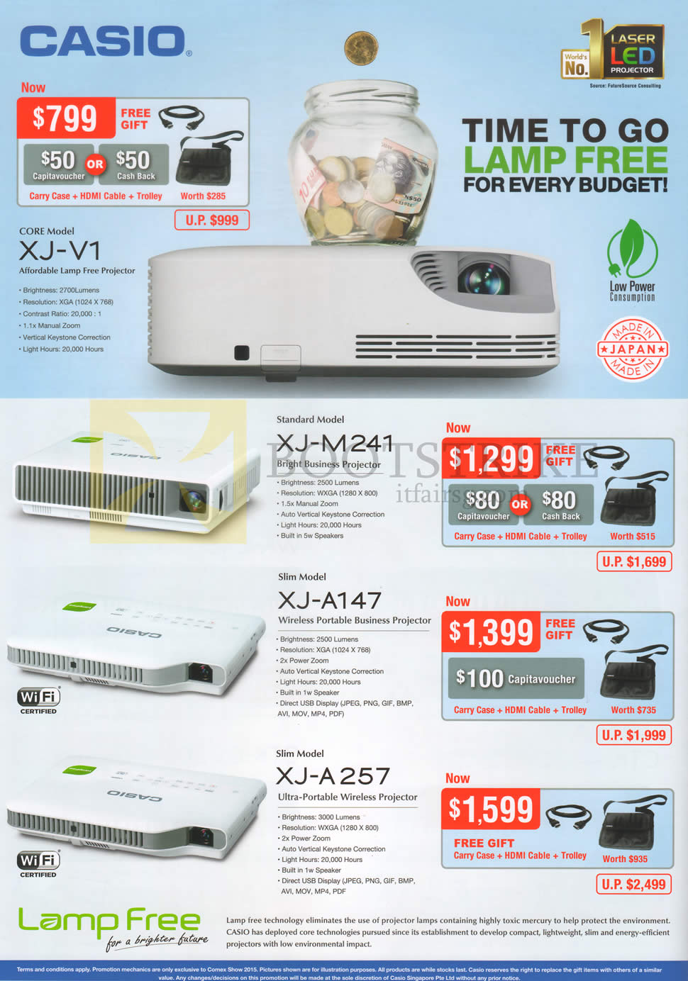 COMEX 2015 price list image brochure of Casio Projectors XJ-V1, XJ-M241, XJ-A147, XJ-A257