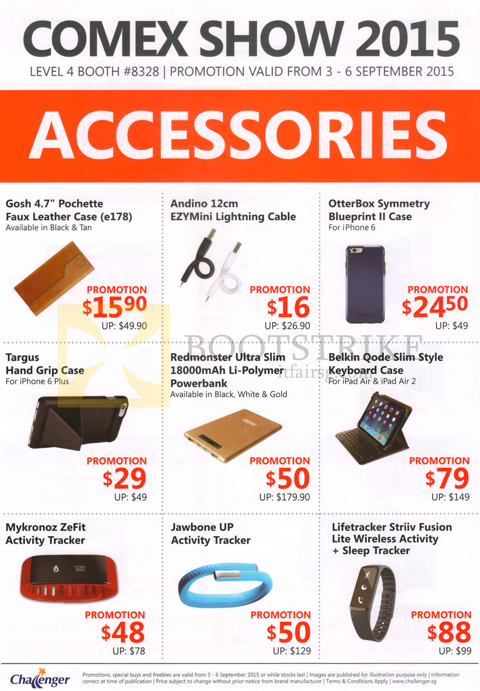 COMEX 2015 price list image brochure of Challenger Accessories Leather Case, Lightning Cable, Keyboard Case, PowerBank, HandGrip Case, Activity Tracker, Lifetracker