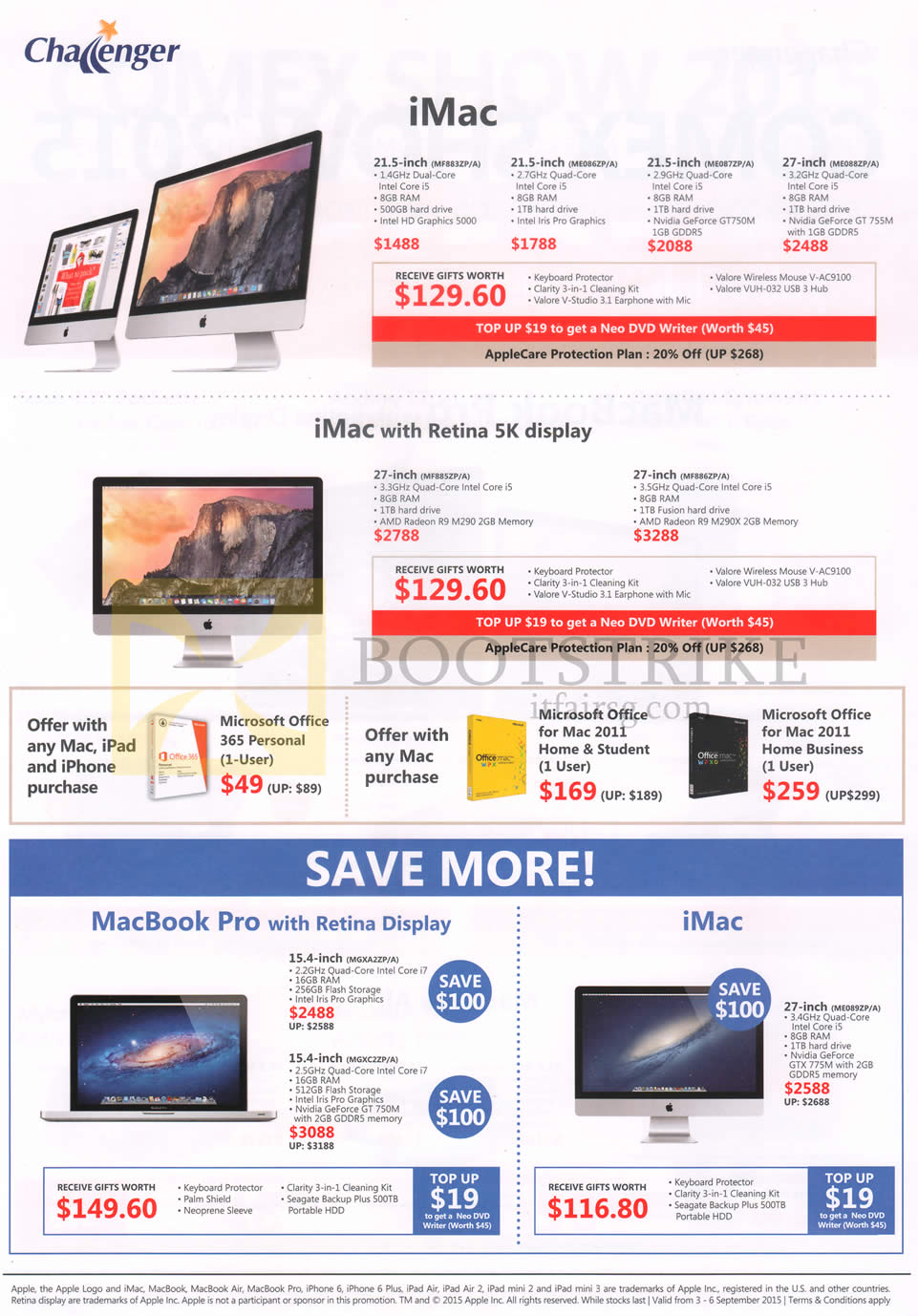 COMEX 2015 price list image brochure of Challenger Apple Desktop PCs IMac, MacBook Pro With Retina Display, Free Gifts