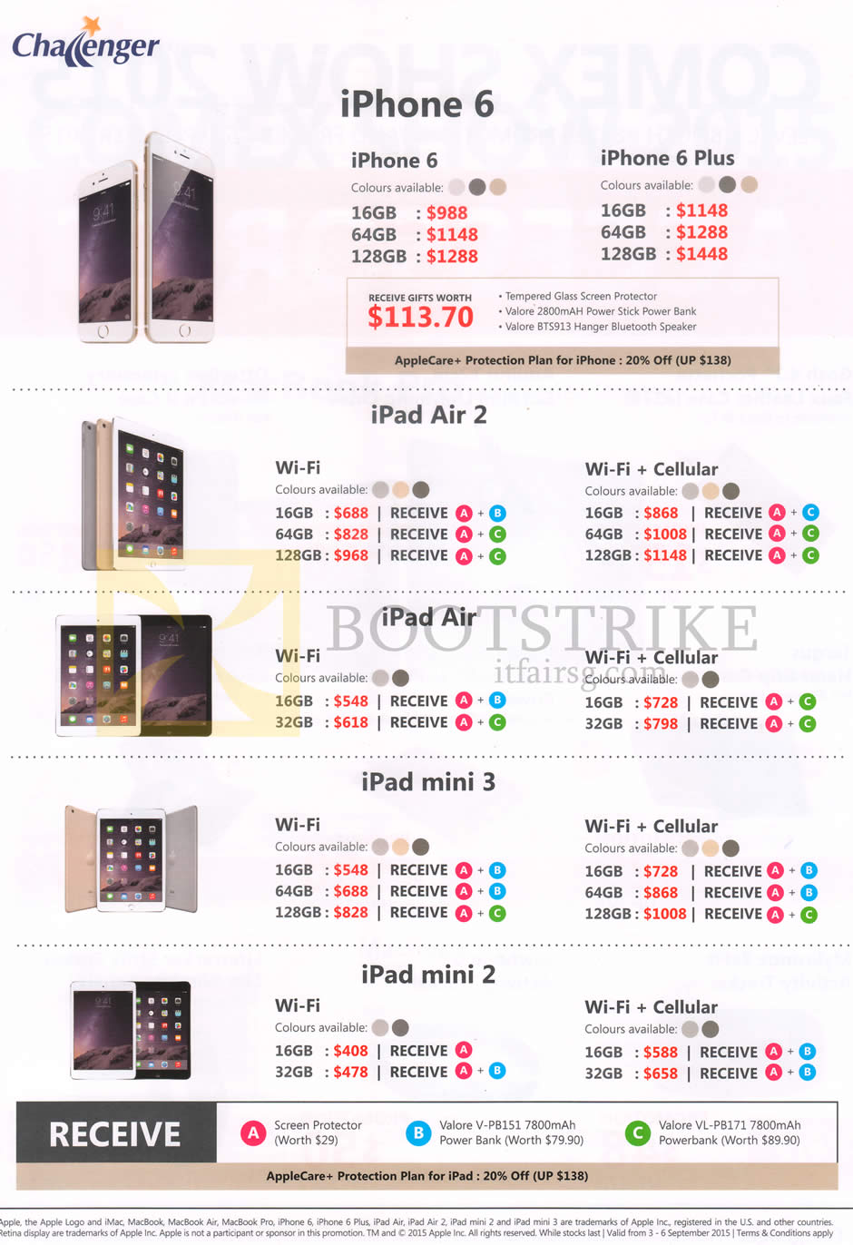 COMEX 2015 price list image brochure of Challenger Apple Mobile Phones, Tablets, IPhone 6, 6 Plus, IPad Air 2, Air, Mini 3, Mini 2