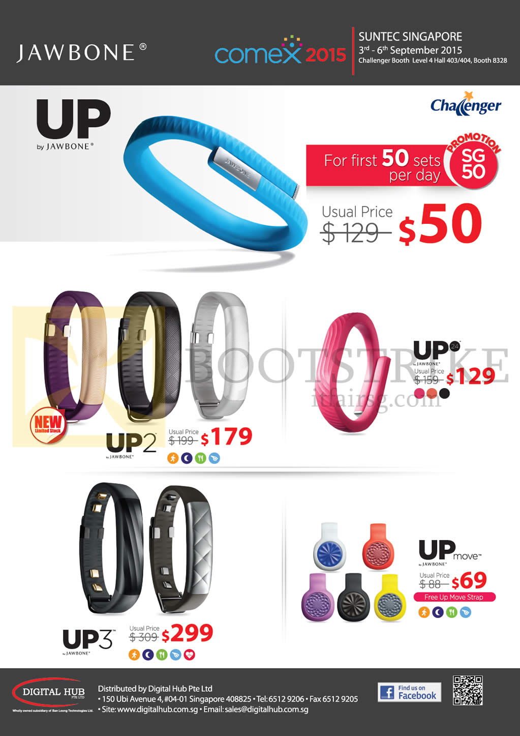COMEX 2015 price list image brochure of Challenger Jawbone Fitness Bands UP, UP2, UP3, UP Move, UP24