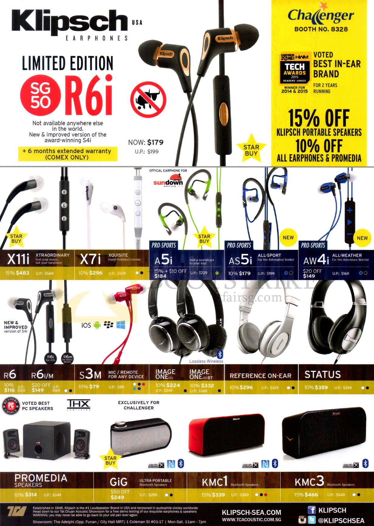 COMEX 2015 price list image brochure of Challenger Klipsch Earphones, Headphones, Speakers, R6i, X11i, X7i, A5i, AS5i, AW4i, R6, R6IM, S3M, Image One, Reference ON Ear, Status, Promedia, Gig, KMC1, KMC3