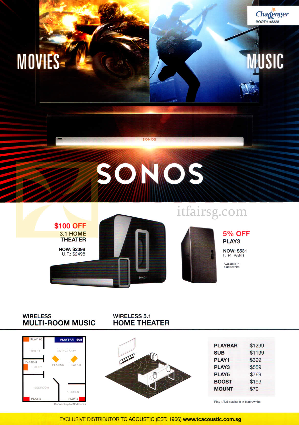 COMEX 2015 price list image brochure of Challenger Sonos Home Theatre System 3.1, Play 3, Wireless Multi-Room Music, Wireless 5.1 Home Theatre
