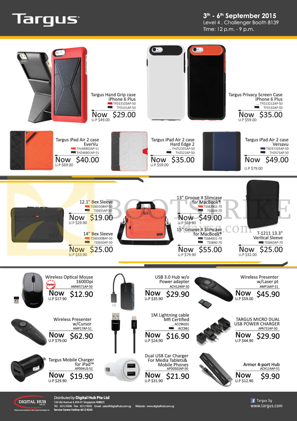COMEX 2015 price list image brochure of Challenger Targus Cases For IPhone 6 Plus, IPad Air 2, MacBook, Accessories, Mouse, Wireless Presenter, USB 3.0 Hub, USB Power Charger, Car Charger, Lightning Cable