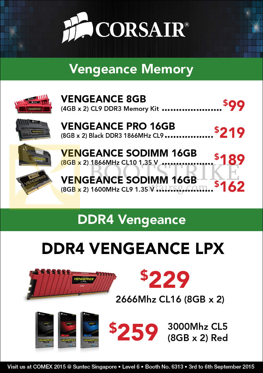 COMEX 2015 price list image brochure of Convergent Corsair RAM Memory Vengeance, Pro, Sodimm, DDR4 Vengeance LPX