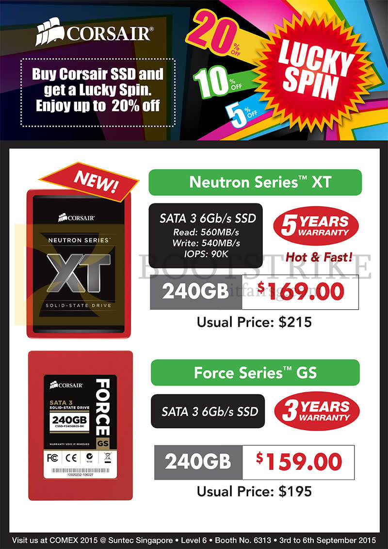 COMEX 2015 price list image brochure of Convergent Corsair SSD Neutron Series XT, Force Series GS, 240GB