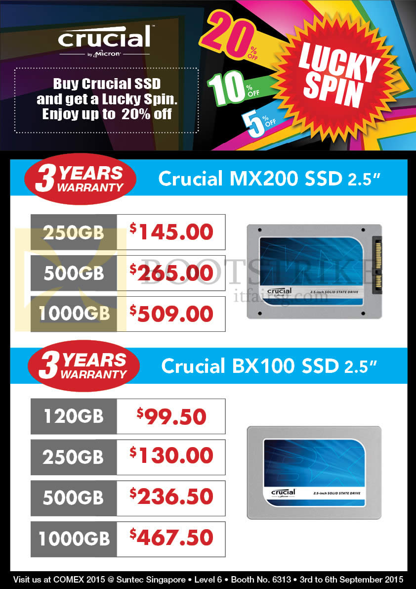 COMEX 2015 price list image brochure of Convergent Crucial SSD MX200, BX100, 120GB, 250GB, 500GB, 1TB