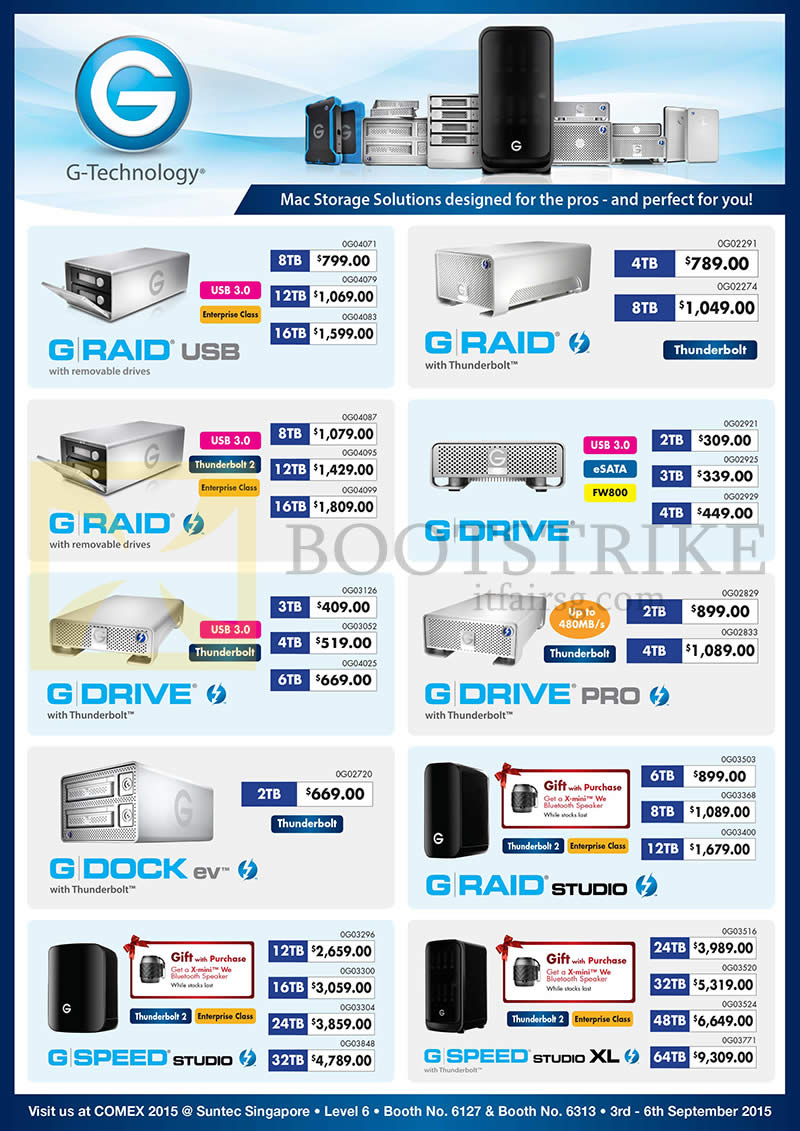 COMEX 2015 price list image brochure of Convergent G-Technology G RAID USB, G Drive, Pro, Studio, Studio XL, Speed