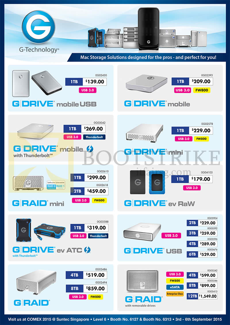 COMEX 2015 price list image brochure of Convergent G-Technology Mac Storage Solutions G Drive MobileUSB, Mini, Ev Raw, USB, G Raid, Mini