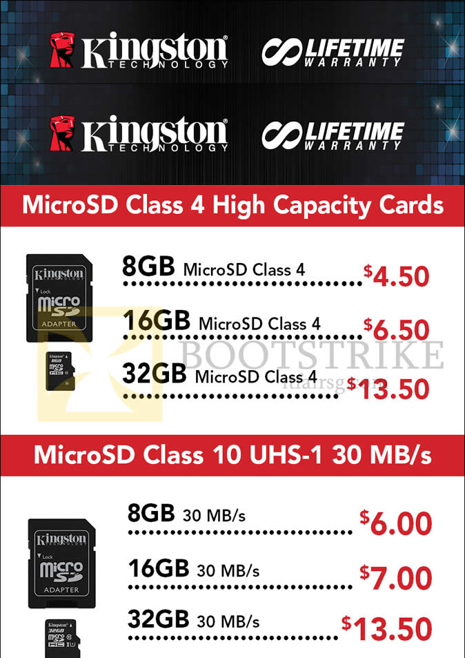 COMEX 2015 price list image brochure of Convergent Kingston Memory Cards MicroSD Class 4, Class 10, 8GB, 16GB, 32GB