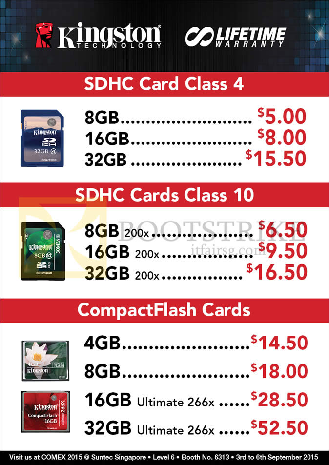 COMEX 2015 price list image brochure of Convergent Kingston SDHC, Compact Flash CF Cards, 4GB, 8GB, 16GB, 32GB