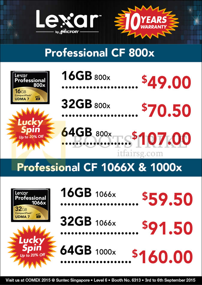 COMEX 2015 price list image brochure of Convergent Lexar Professional CF CompactFlash, 800X, 1066X, 1000X, 16GB, 32GB, 64GB