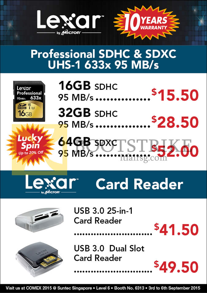 COMEX 2015 price list image brochure of Convergent Lexar Professional SDHC, SDXC, Card Reader, 16GB, 32GB, 64GB, USB 3.0, USB3.0 Dual Slot