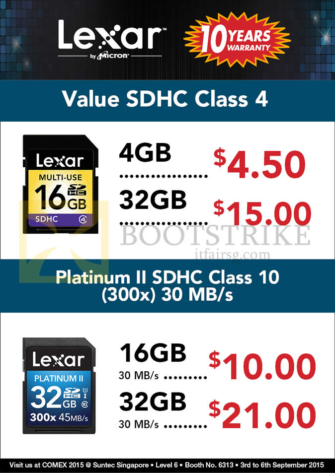 COMEX 2015 price list image brochure of Convergent Lexar SDHC Value SDHC Class 4, Platinum II SDHC Class 10 4GB, 16GB, 32GB