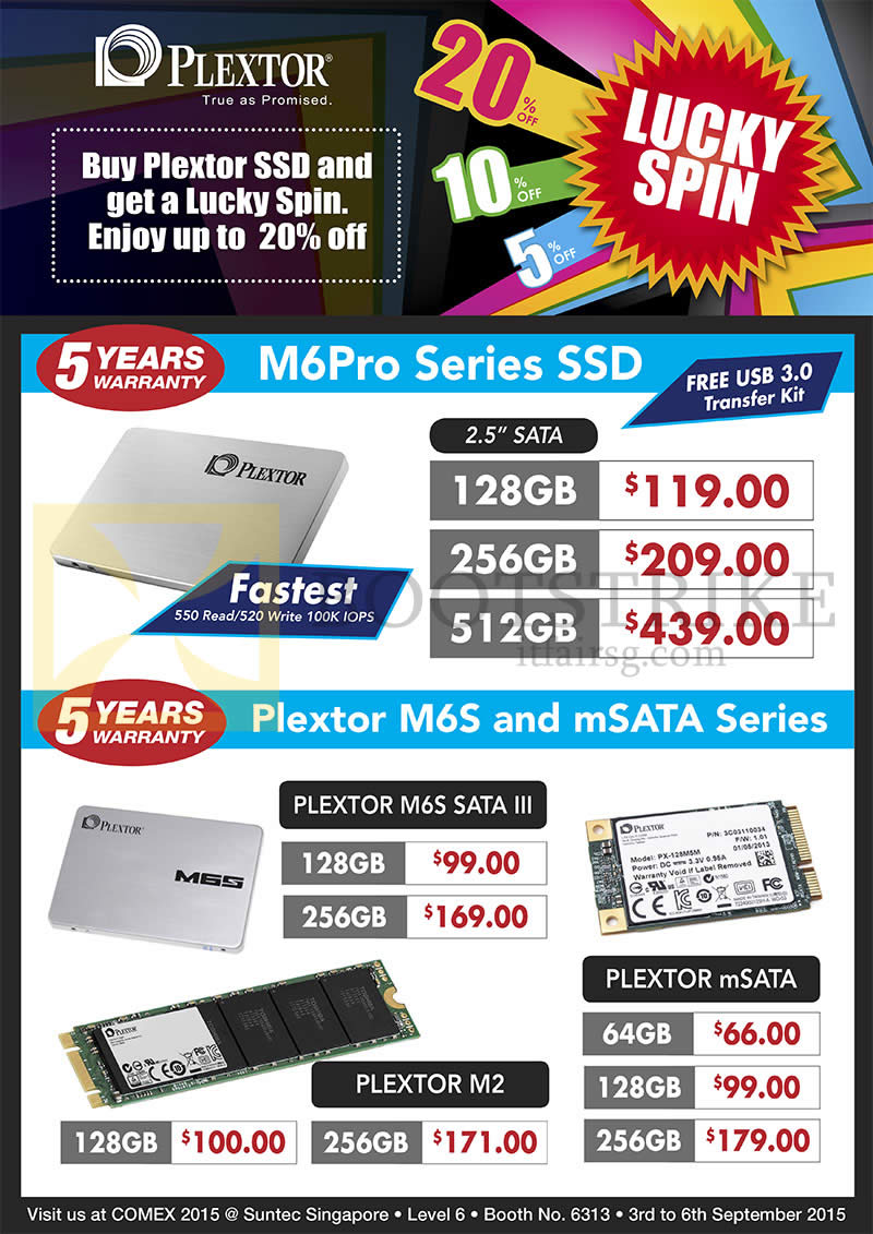 COMEX 2015 price list image brochure of Convergent Plextor SSD M6Pro Series, Plextor M6S, MSATA Series, M2 64GB, 128GB, 256GB, 512GB