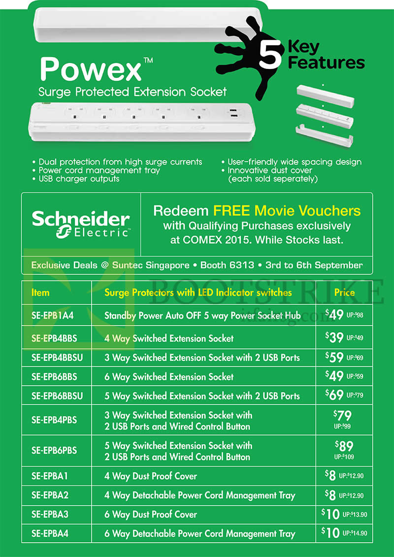 COMEX 2015 price list image brochure of Convergent Schneider Powex Extension Socket SE-EPB1A4, SE-EPB4BBS, SE-EPB6BBS, SE-EPB6PBS, SE-EPBA1, EPBA2, EPBA3, EPBA4