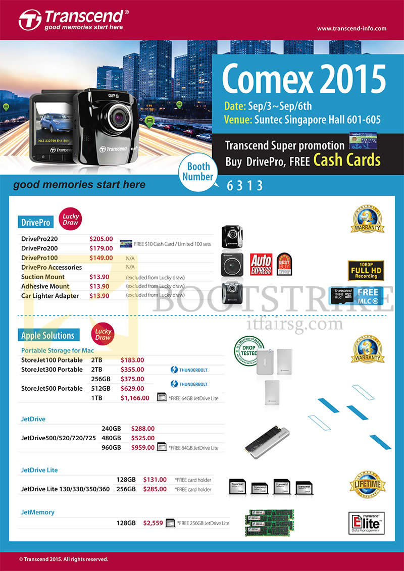 COMEX 2015 price list image brochure of Convergent Transcend Car Video Camera Recorder Drive Pro, Apple Solutions DrivePro220, 200, 100, StoreJet 100 Portable External Storage, 300 Portable, 500 Portable