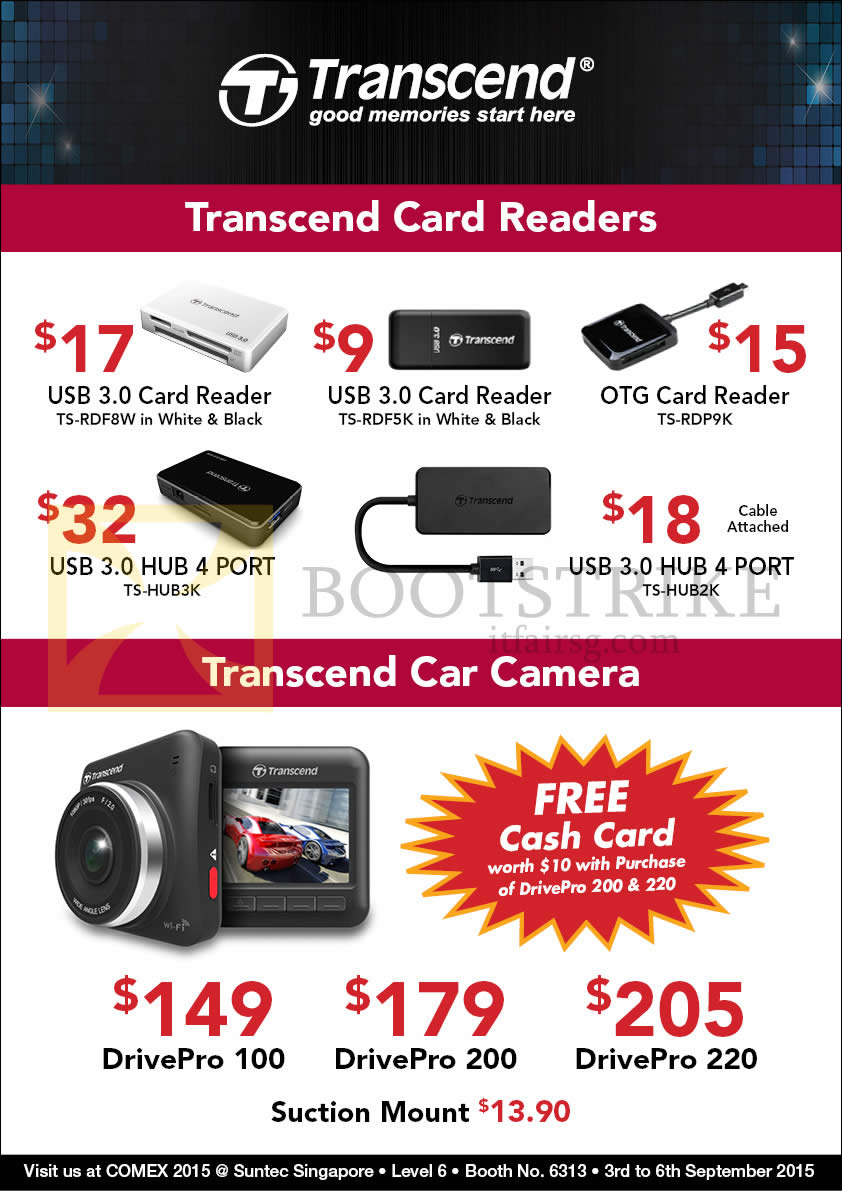 COMEX 2015 price list image brochure of Convergent Transcend Card Reader, Car Camera USB 3.0, OTG, DrivePro 100, 200, 220