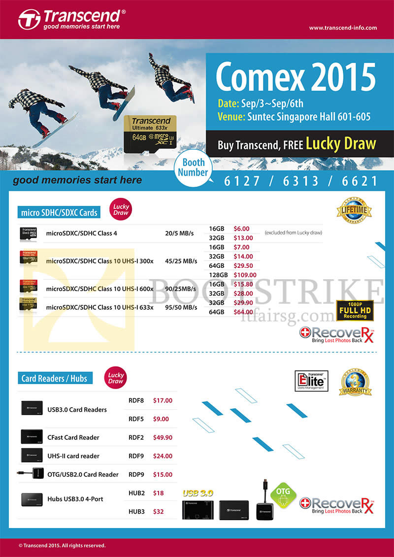 COMEX 2015 price list image brochure of Convergent Transcend Cards, Hubs, Card Readers Micro SDHC, SDXC, Class 4, Class 10, 16GB, 32GB, 64GB, 128GB
