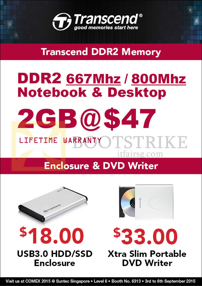 COMEX 2015 price list image brochure of Convergent Transcend Memory, DVD Writer, DDR2, USB3.0 HDD, SSD Enclosure, Portable DVD Writer