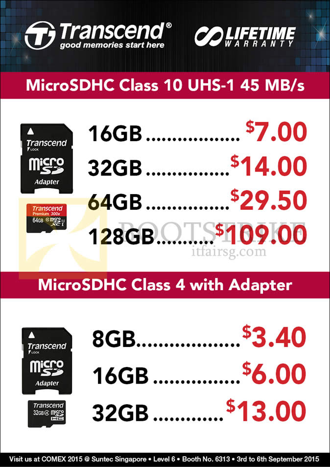 COMEX 2015 price list image brochure of Convergent Transcend MicroSDHC Class 4, 10 UHS-1 8GB, 16GB, 32GB, 64GB, 128GB