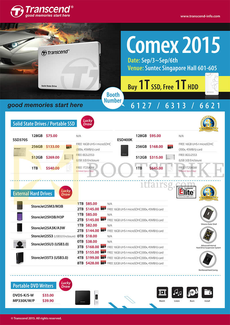 COMEX 2015 price list image brochure of Convergent Transcend SSD External Stroage Drives, Portable DVD Writers 128GB, 256GB, 512GB, 1TB, StoreJet 25M3, M3B, Store25S3, 35U3, 35T3